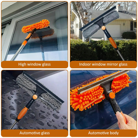 All in One Window Cleaning Kit With Twenty Foot Reach Squeegee Duster and Rotatable Pole cleaning various glass surfaces