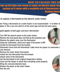 Instructions for replacing water heater thermostat with images of steps, including turning off power and wiring details.