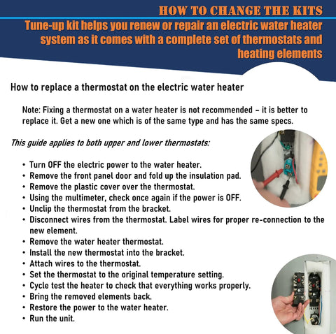 Instructions for replacing water heater thermostat with images of steps, including turning off power and wiring details.