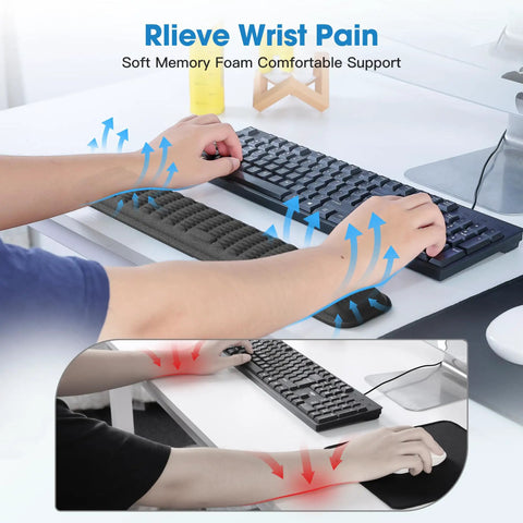 Keyboard Wrist Rest Memory Foam Pad For Pain Relief And Comfort Ergonomic Hand Support in use at a desk setup with keyboard.