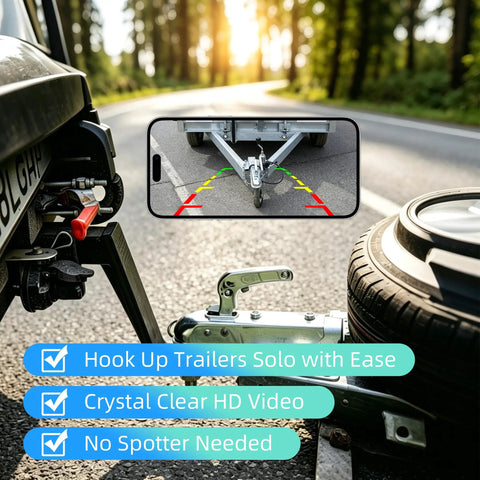 Dead Simple Wireless Backup Camera For Truck RV Trailer With AI Blind Spot Monitoring No Wiring Required Rock Solid 985 FT WiFi Range showing trailer hook-up view on a mobile screen.