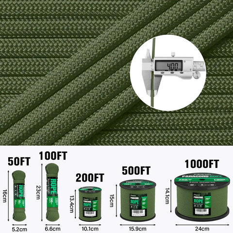 Army green Tough As Nails Paracord Rope 750 Lb Tensile Strength 4Mm Parachute Cord in multiple spool sizes with caliper measurement.