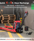 Heavy Duty 3300 Lb Electric Pallet Jack With 48V Lithium Battery, red platform truck charging near wooden pallets.