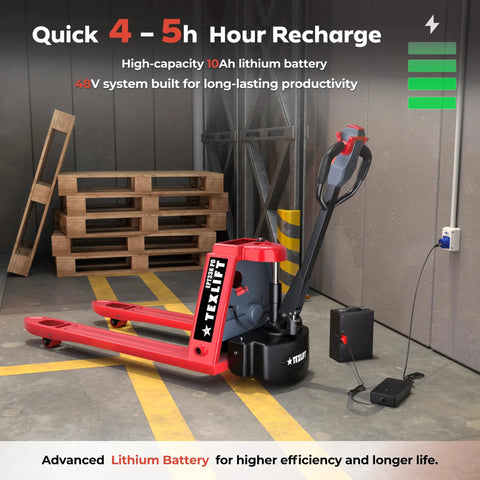 Heavy Duty 3300 Lb Electric Pallet Jack With 48V Lithium Battery, red platform truck charging near wooden pallets.