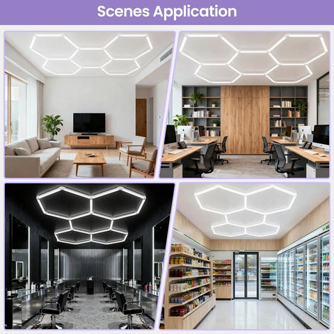 Insanely Bright Honeycomb Hexagon LED Garage Light 5 Pack 192W With Three Color Temperatures installed in various workspaces