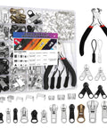 Universal Zipper Repair Kit With 280 Pieces For Jackets Luggage Backpacks And Outdoor Gear On The Go Included Metal Sliders Pulls Stoppers Pliers And Case Fits Zipper Sizes 3 5 And 8 showing kit contents