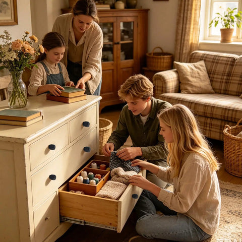 Family using Solid As A Rock Polished Nickel Cabinet Door Knobs With Textured Aluminum Alloy Drawer Pulls for storage in a cozy home setting.