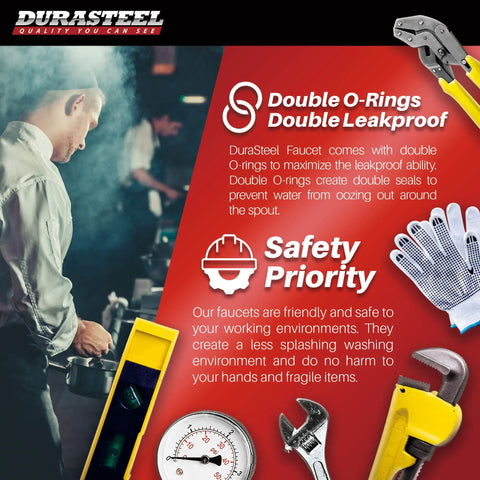 DuraSteel faucet features double O-rings for leakproof performance with safety priority in industrial settings visual.