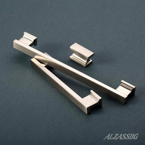 10 Pack Brushed Satin Nickel Cabinet Pulls With 5 Inch Hole Centers for cabinets and drawers shown on dark surface