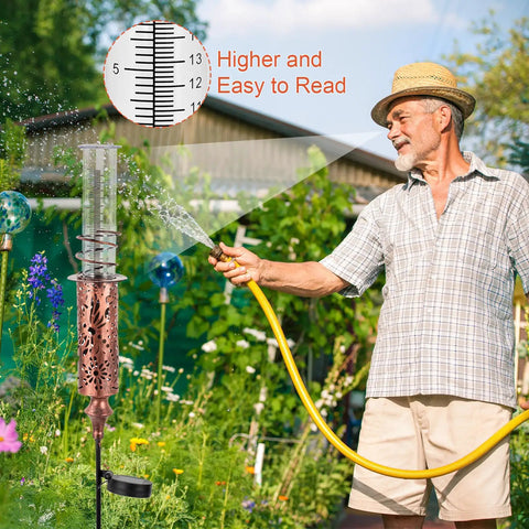 Man watering garden near Solar Powered Rain Gauge With LED Night Light Outdoor Garden Stake Decoration 7 Inch Plastic Tube