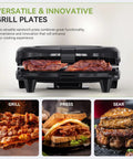 OSTBA 2 Slice Sandwich Maker Grill With Powerful 750W Non Stick Plates For Fast Even Toasting Crispy Wraps And Easy Clean Up Compact Kitchen Appliance with grilled meat and pressed sandwiches.
