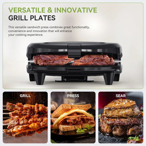 OSTBA 2 Slice Sandwich Maker Grill With Powerful 750W Non Stick Plates For Fast Even Toasting Crispy Wraps And Easy Clean Up Compact Kitchen Appliance with grilled meat and pressed sandwiches.