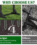 Comparison of Freestanding Garden Hose Holder Stand With Heavy Duty Build 4 Spike Stable Base showing rustproof vs poor coating