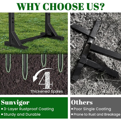Comparison of Freestanding Garden Hose Holder Stand With Heavy Duty Build 4 Spike Stable Base showing rustproof vs poor coating
