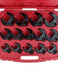 Crowfoot Wrench Set With Extension Bars 14 Piece SAE in red case, organized various wrench sizes for automotive jobs.