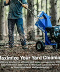 Person using Compact Mini Wood Chipper Shredder Mulcher with 7HP power in forest, handling yard debris with 3 inch capacity.