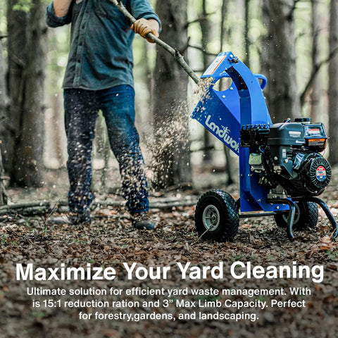 Person using Compact Mini Wood Chipper Shredder Mulcher with 7HP power in forest, handling yard debris with 3 inch capacity.