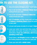 Step-by-step instructions for using Pro Winterizing Pool Closing Kit For Above Ground And Inground Pools Up To 15000 Gallons.