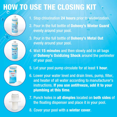 Step-by-step instructions for using Pro Winterizing Pool Closing Kit For Above Ground And Inground Pools Up To 15000 Gallons.