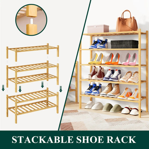 Three Tier Bamboo Shoe Rack Organizer Stackable Free Standing Wooden Shoe Storage Shelf For Closet Entryway Front Door Natural Finish