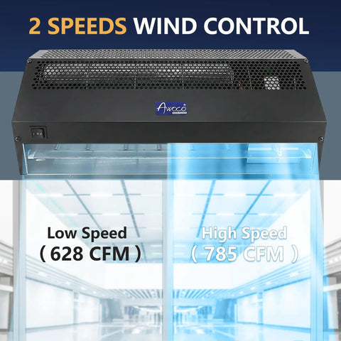 24 Inch Black Commercial Air Curtain Delivers Straight Up Powerful Eight Hundred Cfm Flow With Dual Speed Controls to show air settings.