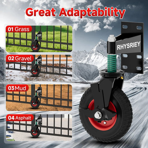 8 Inch Heavy Duty Gate Wheel With Brake For Wooden Gates And Metal Tube Gates, Spring Loaded 750Lbs Capacity, shown on grass, gravel, mud, asphalt