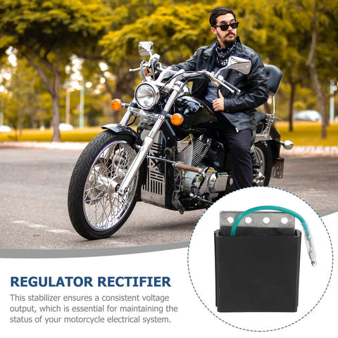 Indy Golf Cart Voltage Regulator Rectifier Replacement product image with motorcycle backdrop, showcasing black housing.