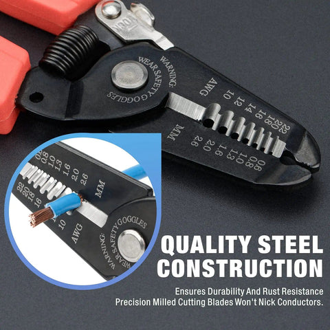 Close-up of Beast Of A Wire Stripper And Cutter For 10 To 20 AWG Stranded And Solid Wire showing serrated nose and cutting blades.