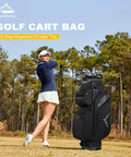 Golf cart bag with divider top next to a golfer swinging on the course, product is 15 Way Golf Cart Bag With Divider Top, Easy Access.
