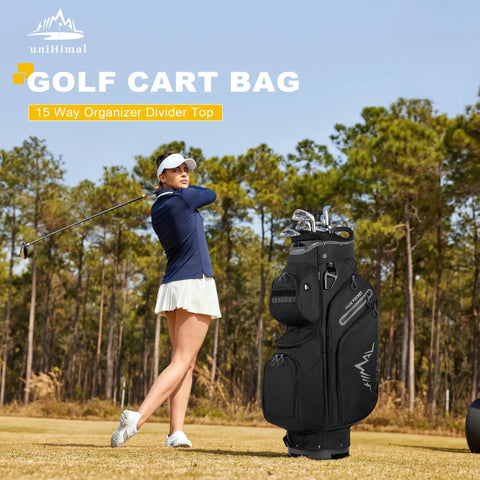 Golf cart bag with divider top next to a golfer swinging on the course, product is 15 Way Golf Cart Bag With Divider Top, Easy Access.