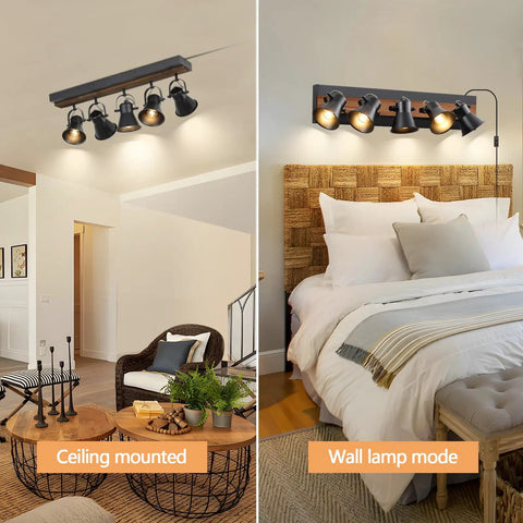 Five Light Plug In Track Lighting Kit In Black With Rotatable Heads For Living Room Bedroom Hallway And Kitchen in two configurations