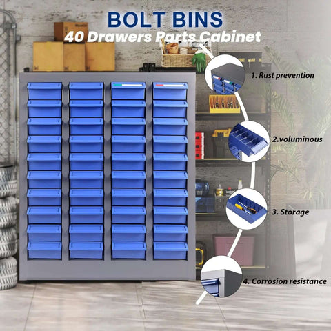 40 Drawers Parts Cabinet With Label Stickers And Bolt Nut Tool Storage in a garage setting, blue ABS drawers visible.
