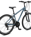 Hybrid Adventure Bike For Adults, 21 Speed 700c Aluminum Frame With Suspension Fork, rear view, alloy linear pull brakes visible.