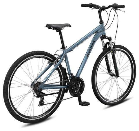 Hybrid Adventure Bike For Adults, 21 Speed 700c Aluminum Frame With Suspension Fork, rear view, alloy linear pull brakes visible.