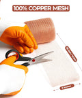 Copper Mesh Rodent Control Roll 5In By 36Ft Rustproof Copper for Blocking Holes with gloves and scissors in use