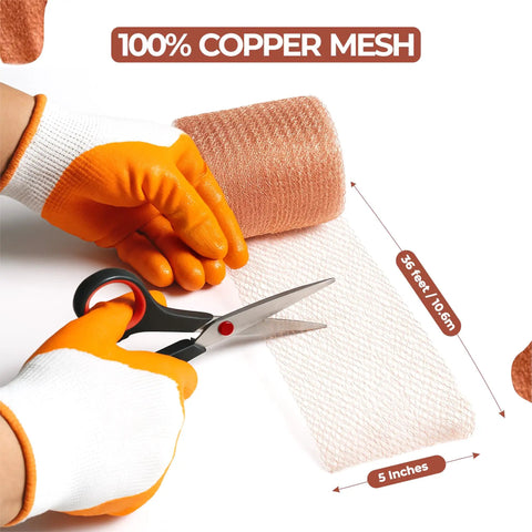 Copper Mesh Rodent Control Roll 5In By 36Ft Rustproof Copper for Blocking Holes with gloves and scissors in use