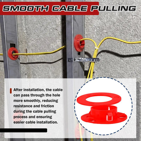 100 Pack Red Plastic Bushings For 2x4 Inch Metal Studs Grommet Protector With Stud No Fuss Rustproof And Corrosion Resistant Protect Wire Insulation From Sharp Edges And Smooth Wire Pulling installed on metal studs with yellow cable