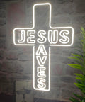 Jesus Saves Neon Sign Cross LED Light 3D Art Wall Decor 20x14 In Lit Night Glow For Church Home Window Memorial Gift