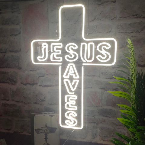 Jesus Saves Neon Sign Cross LED Light 3D Art Wall Decor 20x14 In Lit Night Glow For Church Home Window Memorial Gift