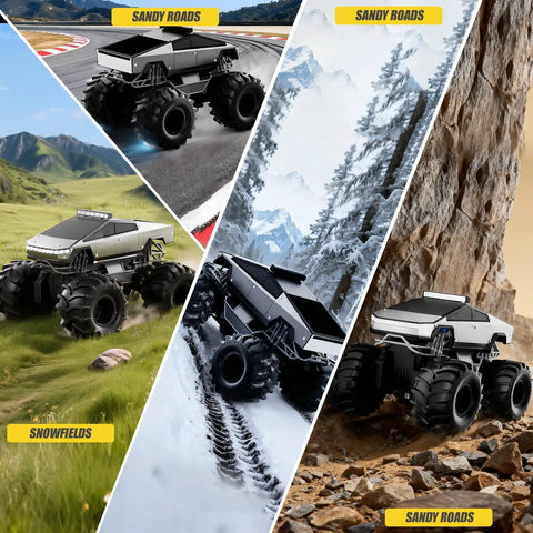 Amphibious RC Car Scale 1 18 4WD All Terrain Off Road Pickup Beast With 2.4GHz Remote on various terrains, snowfields, and roads.
