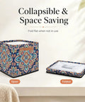Foldable Paisley Mandala Storage Basket 13 Inch Cube with reinforced handles, showcasing open and folded storage options.