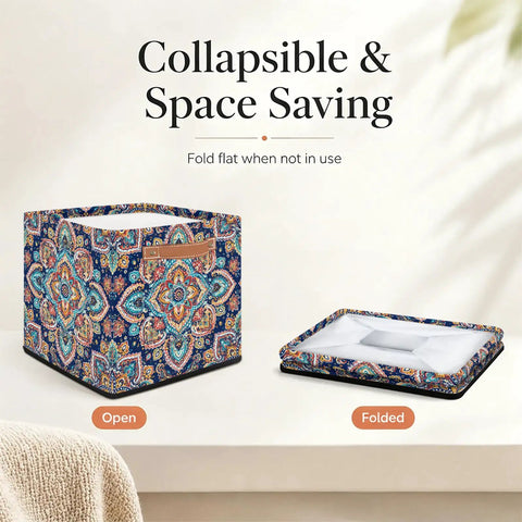 Foldable Paisley Mandala Storage Basket 13 Inch Cube with reinforced handles, showcasing open and folded storage options.