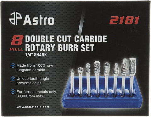 Astro 8-piece double-cut carbide rotary burr set with 1/4 in shank in blue blow-molded case