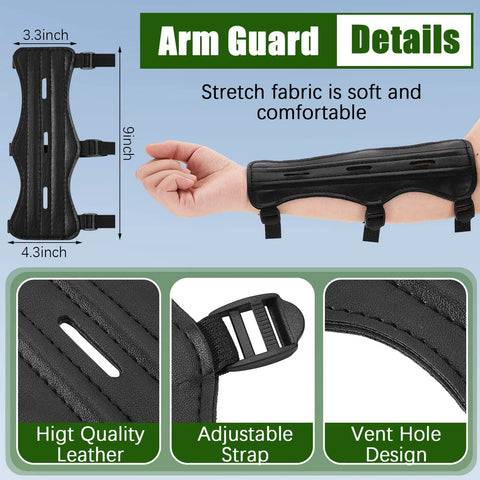 Three Piece Archery Set With Leather Padded Arm Guard showing adjustable strap and vent hole design.