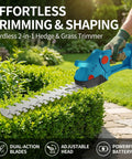 Top Tier Cordless Hedge Trimmer With Badass Dual Blade Setup And 21V Fast Charging Batteries For No Sweat Lawn Grooming And Heavy Duty Shrub Trimming Jobs in use, trimming hedges with dual-action blades.