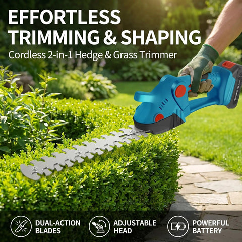 Top Tier Cordless Hedge Trimmer With Badass Dual Blade Setup And 21V Fast Charging Batteries For No Sweat Lawn Grooming And Heavy Duty Shrub Trimming Jobs in use, trimming hedges with dual-action blades.