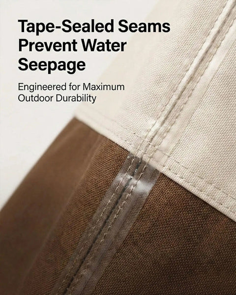 Close-up of tape-sealed seam on Built To Last Heavy Duty Waterproof Patio Ottoman Cover for Square Outdoor Side Table, beige brown