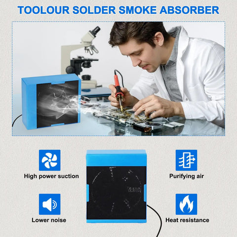 Pro Grade Solder Fume Extractor With 12V Power Five Carbon Filters in use by a technician for soldering work