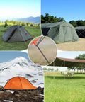 Beefy Heavy Duty 10 Inch Tent Stakes And Hammer Kit 10 Pack with storage pouch shown securing various tents outdoors.
