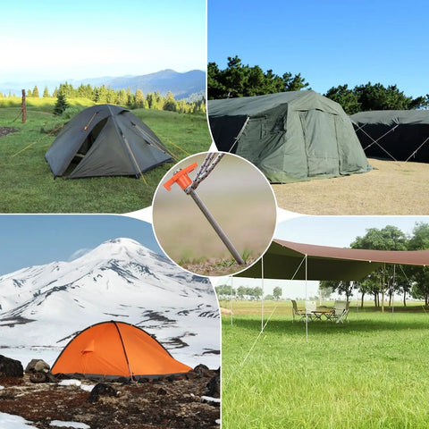 Beefy Heavy Duty 10 Inch Tent Stakes And Hammer Kit 10 Pack with storage pouch shown securing various tents outdoors.